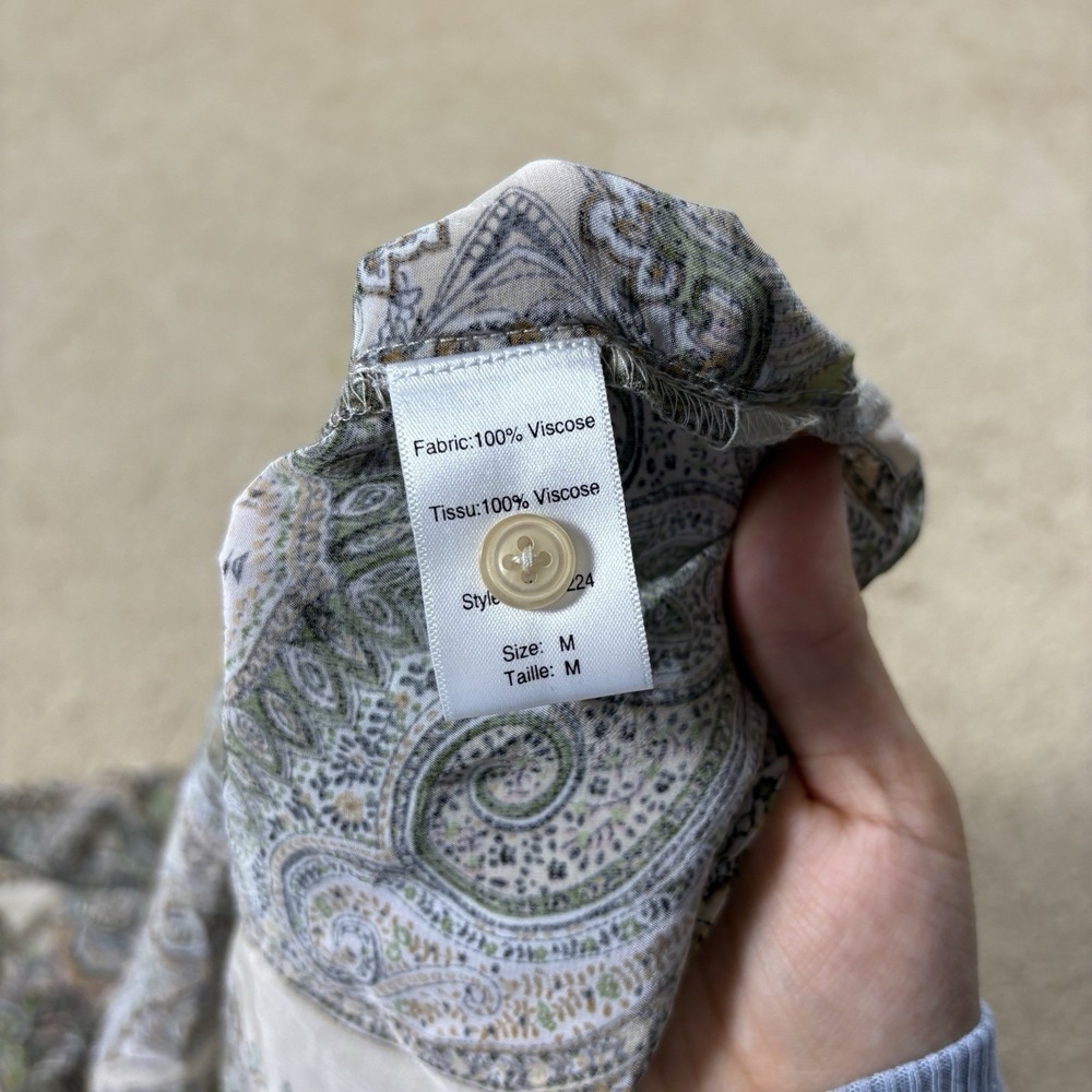 Elan M Blouse Peasant Brown Yellow Tan Paisley Tie Neck Long Sleeve Boho Artsy - Picture 5 of 8